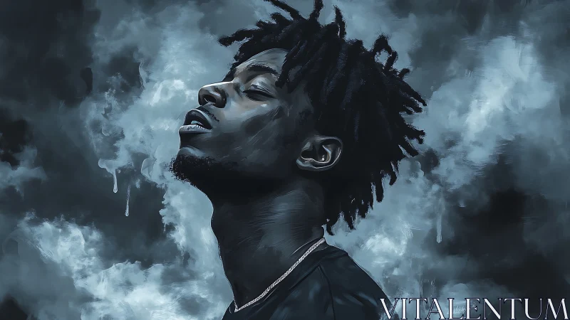 Smoke-wreathed dreamer leans into the storm-soft night air