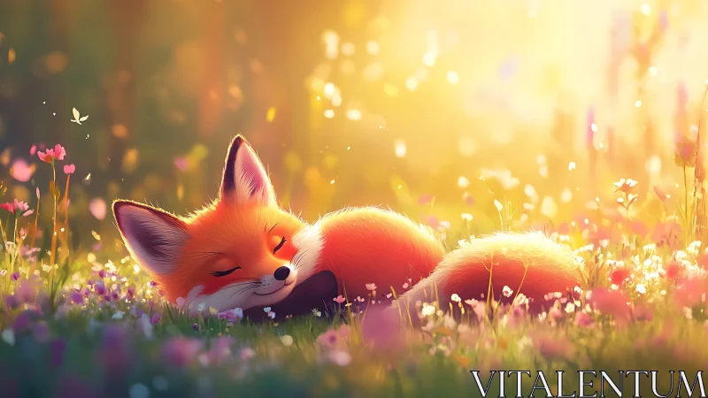 Digital painting of sleeping fox in sunlit wildflower meadow.
