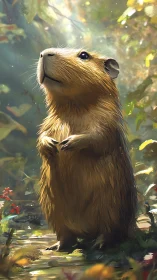 Gentle forest capybara pauses in a golden sunlit clearing