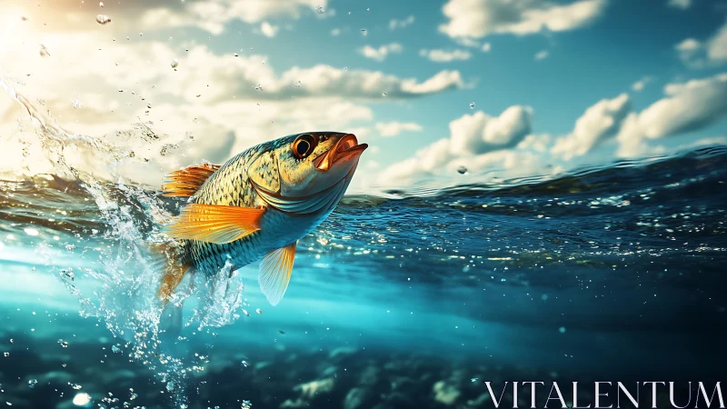 Leaping fish breaks ocean surface under bright afternoon sky