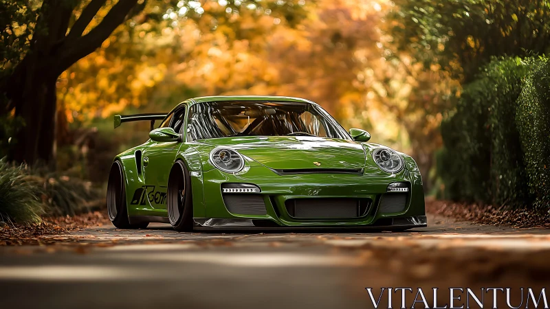 Bright green sports car rests calmly on a tree-lined road