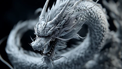 3D silver dragon coil with razor detail and fierce snarl.
