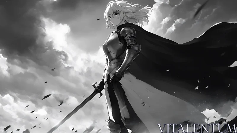 Armored swordswoman under turbulent cloudy sky in grayscale.