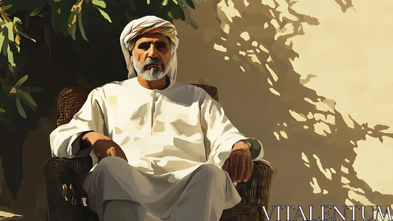 Middle Eastern man seated in sunlit wicker chair outdoors.