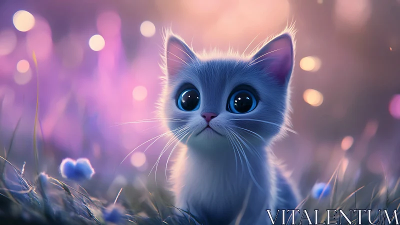 Luminescent Blue Cat in Ethereal Purple Garden Setting.