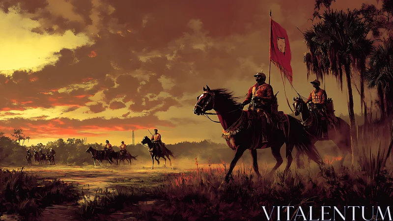 Mounted soldiers ride through dusk-lit marshland under banner