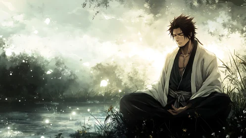 Samurai meditates by reflective riverside under diffused light