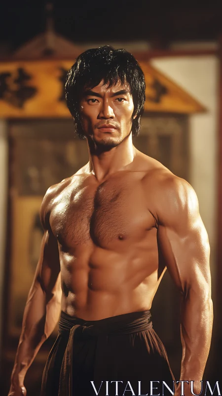 Shirtless martial artist in dim indoor training environment.