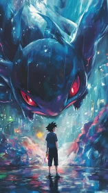 Boy confronts colossal neon monster in glowing rain alley.