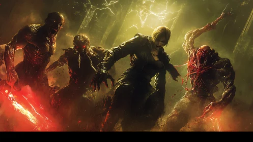 Cinematic digital painting of warrior versus infernal mutants.