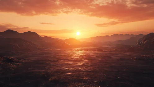 Cinematic desert sunset illuminates low-poly eroded terrain