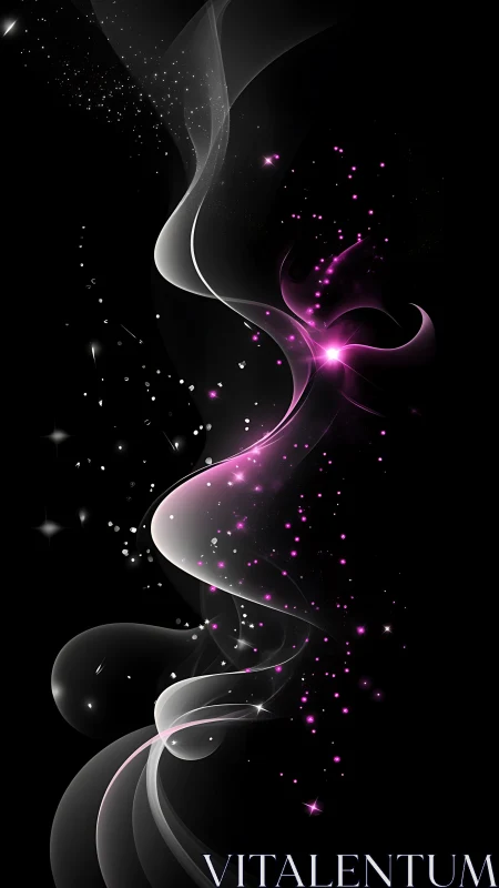 Flowing neon light trails with pink spark particles on black.