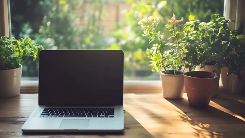 Laptop on bright wooden desk with potted plants by window.
