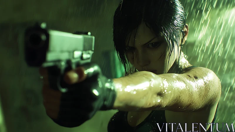 Wet armed woman aims handgun under heavy rain at viewer