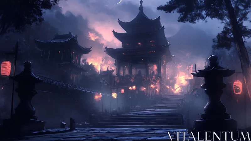 Burning mountain temple rendered in moody cinematic digital painting