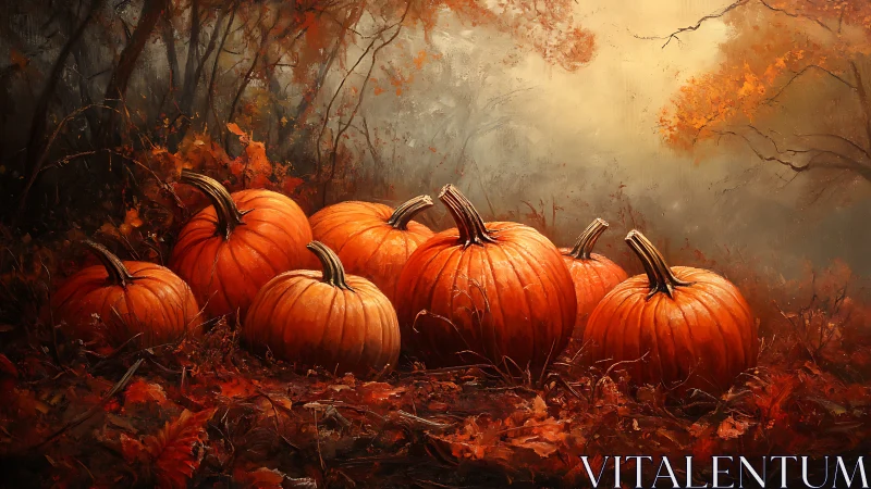 Pumpkin cluster in misty autumn woodland with warm light.