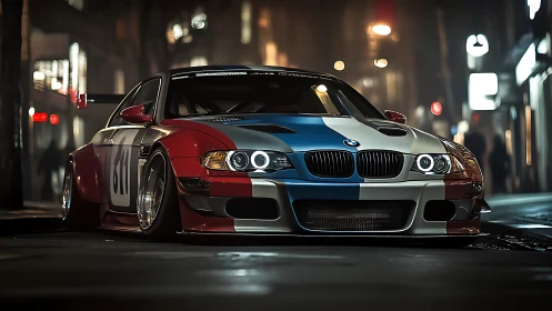 Street-tuned BMW race car glows under moody night city lights