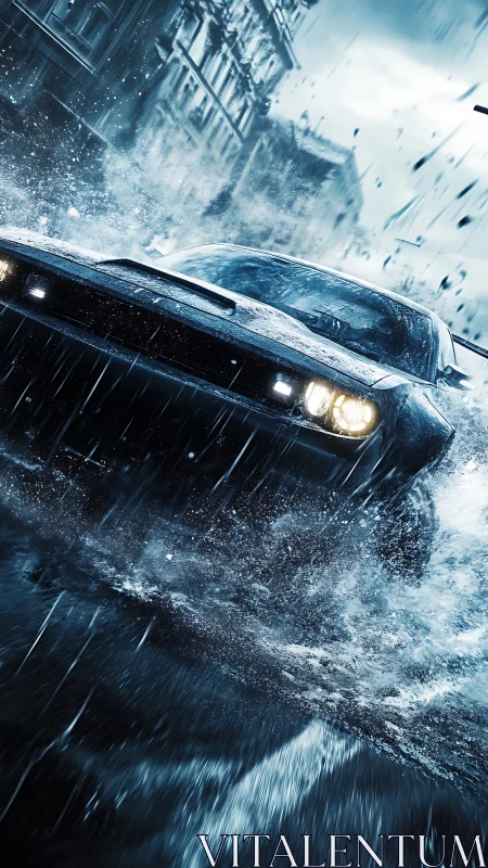 Muscle coupe aquaplaning through rain soaked urban boulevard