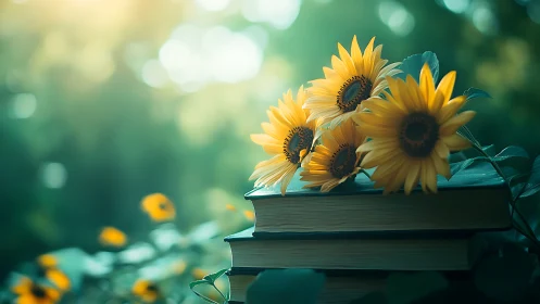 Sunflower Bouquet Resting on Stacked Books. Soft Natural Light.