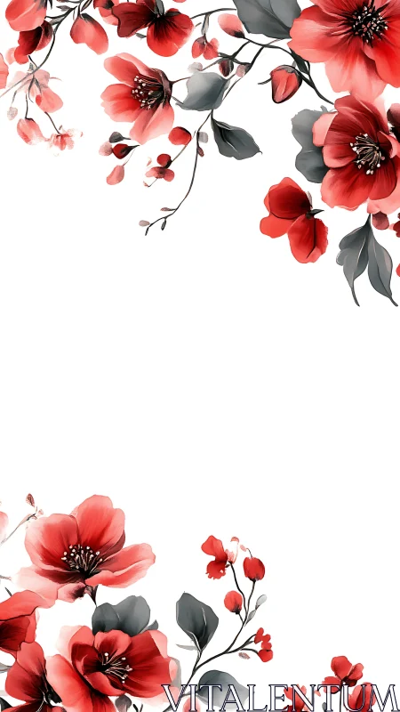 Layered Floral Composition: Translucent Red Petals with Grayscale Foliage Structure