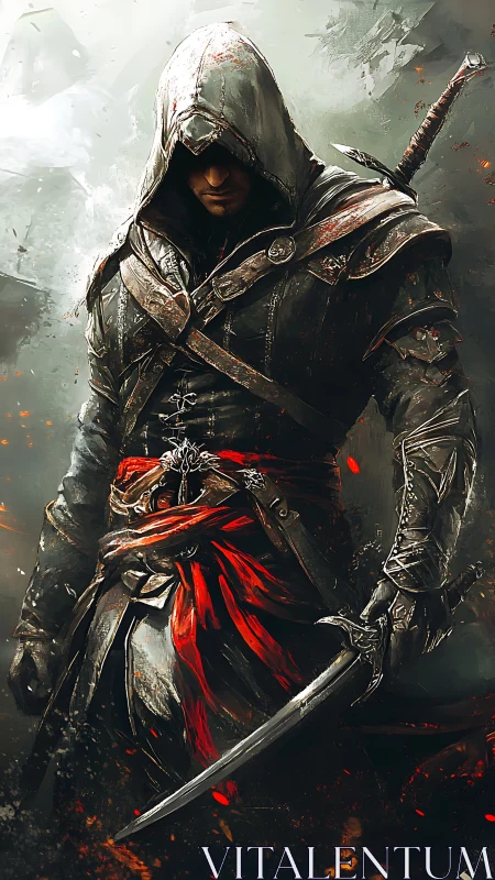 Hooded rogue in weathered leathers with drawn curved blade.