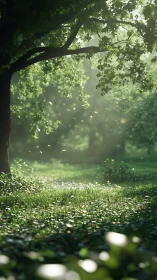 Sunlit forest clearing with established tree specimen displaying canopy and ground vegetation.