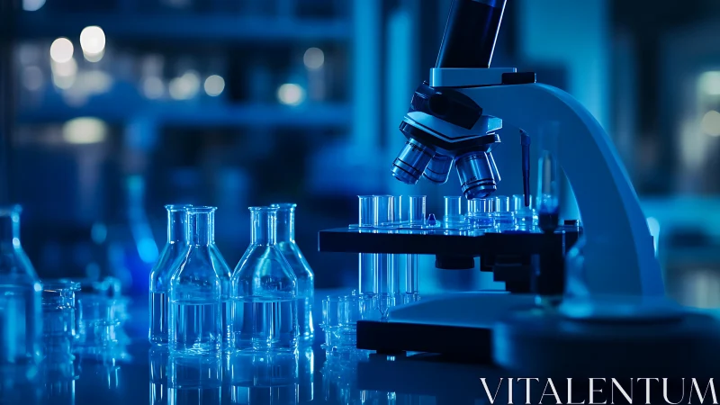Microscope and glassware on laboratory bench in blue light.