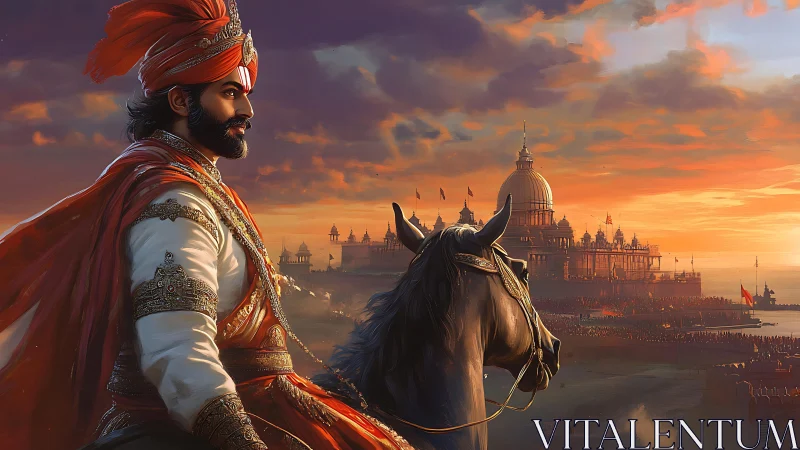 Regal warrior on horseback against grand palace at dusk.