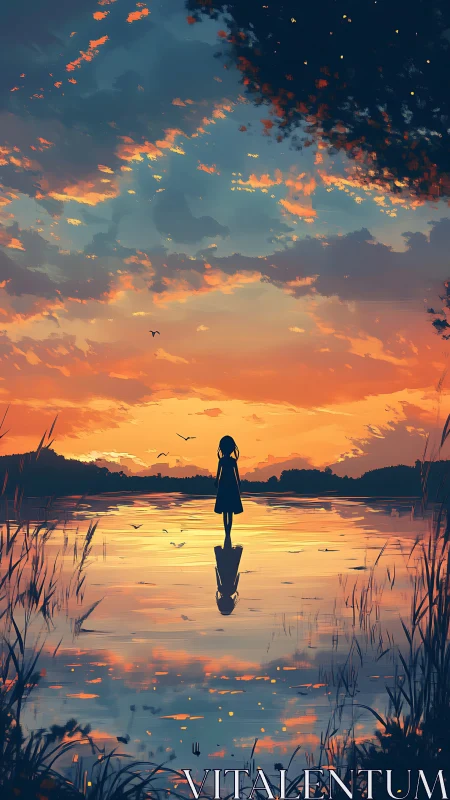 Silhouetted girl observes vivid sunset sky over lake