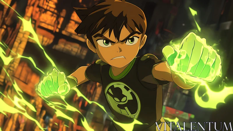 Teen hero with glowing green energy fists in city setting.