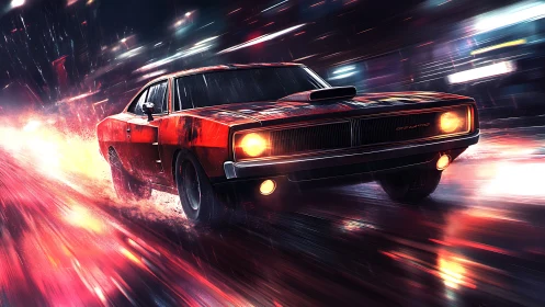Vintage muscle car racing through glowing city streets.