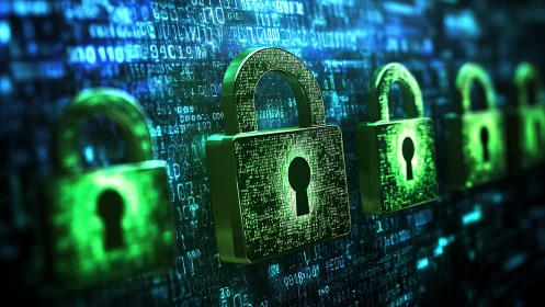 Green 3D padlocks overlay encrypted binary matrix in secure chain