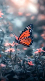 Monarch butterfly poised on blossoms in dreamy dusk garden.