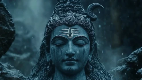 Stone deity portrait under rain with deep cyan tones.