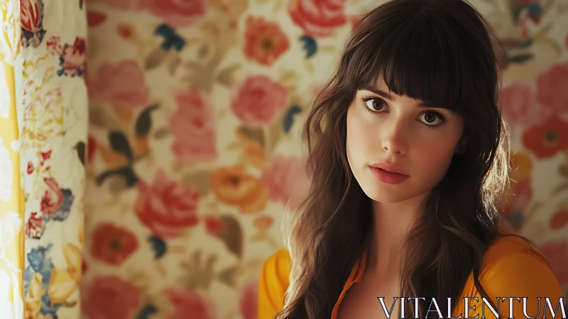 Portrait of brunette woman against soft floral backdrop.