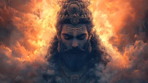 Divine bearded figure in fiery clouds with closed eyes.