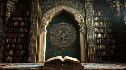 Illuminated ornate library with open sacred manuscript.