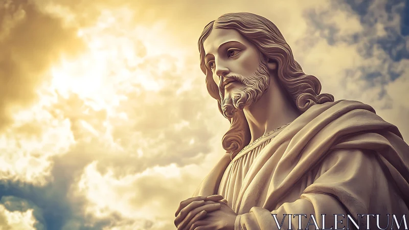 Sunlit marble savior gazing softly through golden clouds.