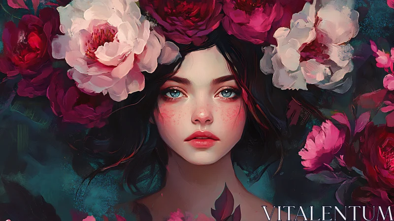 Female portrait framed by large red and pink flowers