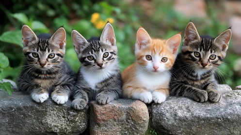 Four Tabby Kittens on Stone Surface.
