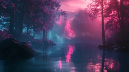 Neon Forest Reflecting in Misty Water at Dusk.
