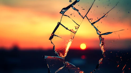 Broken glass framing a vivid orange and teal sunset.