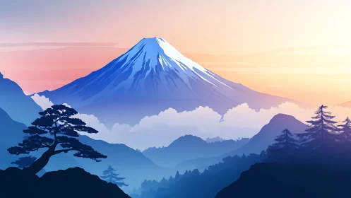 Serene snow-capped peak above misty blue valleys at dawn.