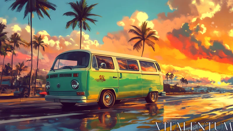 Sunset coastal highway with retro VW van in saturated digital paint