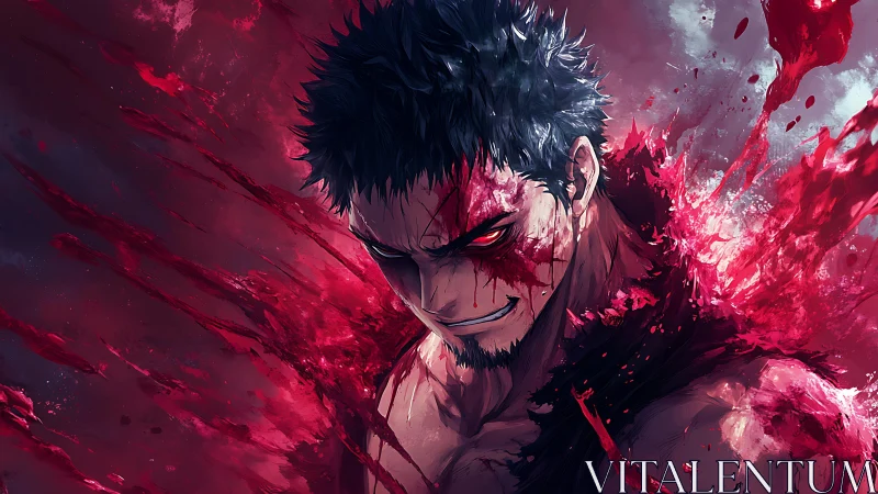 Blood-scarred warrior grins within a crimson storm unleashed.