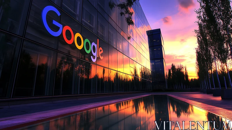 Corporate glass campus with sunset reflections and logo glow.