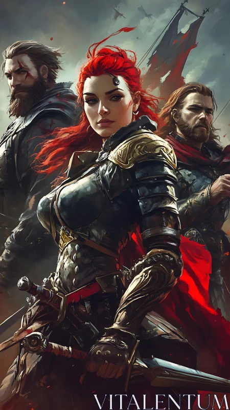 Fire-haired knight and her steadfast comrades in battle.