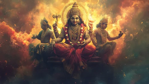 Digital depiction of seated multi-armed deity trio in flames.