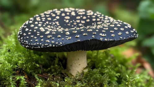 Black spotted mushroom growing on mossy forest floor.
