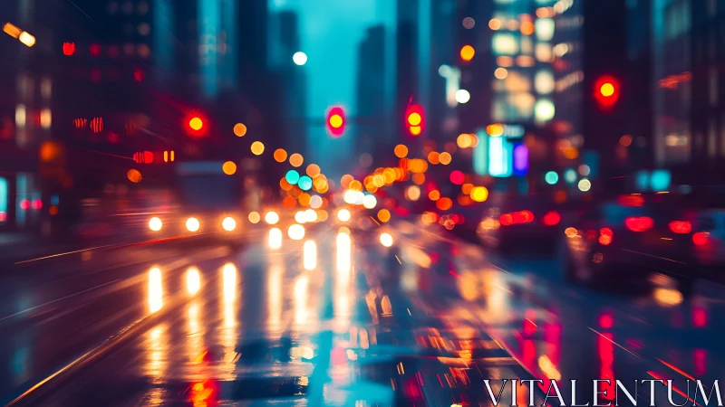 Night city traffic lights reflected on wet street surface.